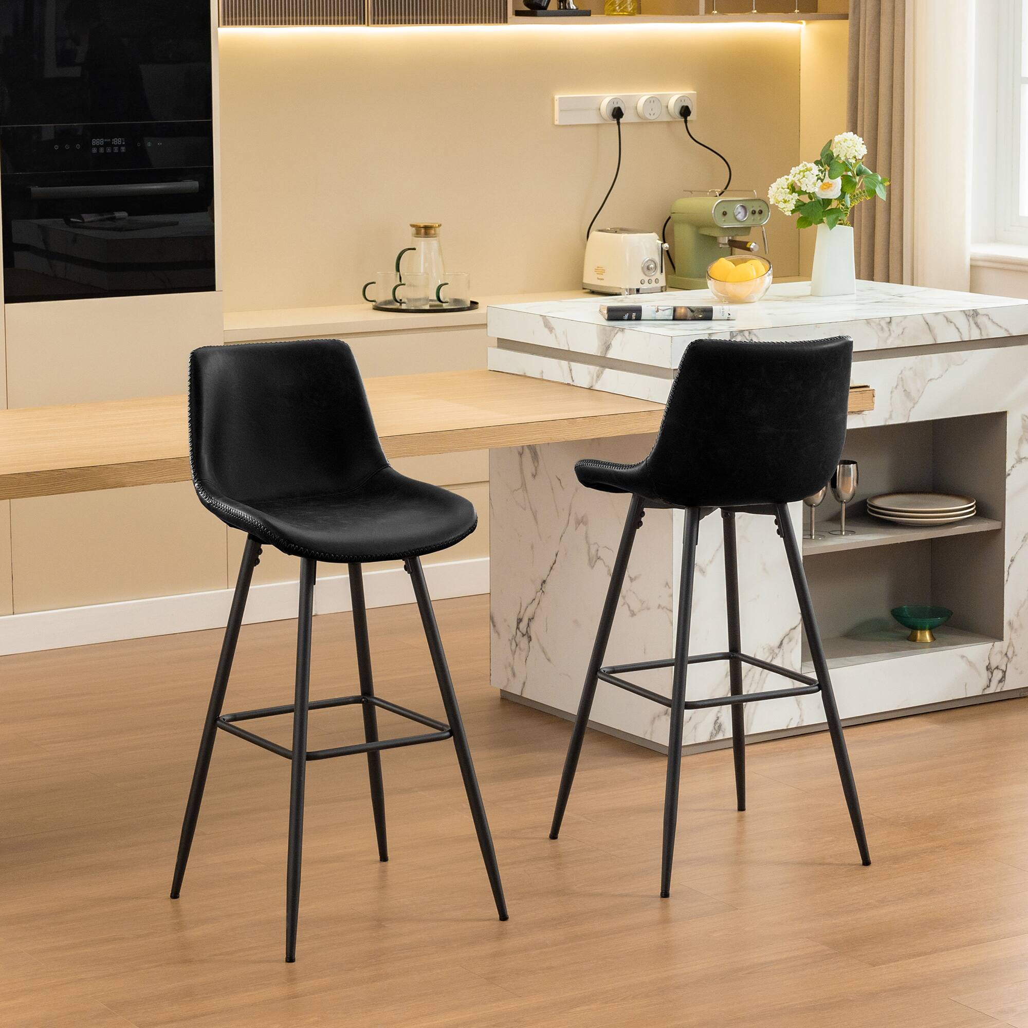 KERDOM - 28‘’ Height Kitchen Island Chairs Set of 2 Bar Chair, Waterproof PU Leather Kitchen High Chair Counter Stool Rubber Feet - Carbon Black - 2pcs