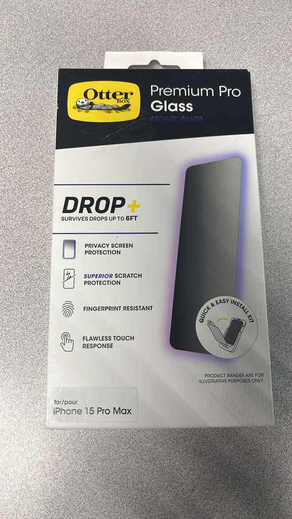 Otter Premium Pro Glass IPRIVAGY QUARD DROP+ SURVIVES DROPS UP TO 6FT PRIVACY SCREEN PROTECTION SUPERIOR SCRATCH PROTECTION FINGERPRINT RESISTANT FLAWLESS TOUCH RESPONSE & EASY QUICK INSTALL KIT PRODUCT IMAGES ARE FOR ILLUSTRATIVE PURPOSES ONLY. for/pour iPhone 15 Pro Max