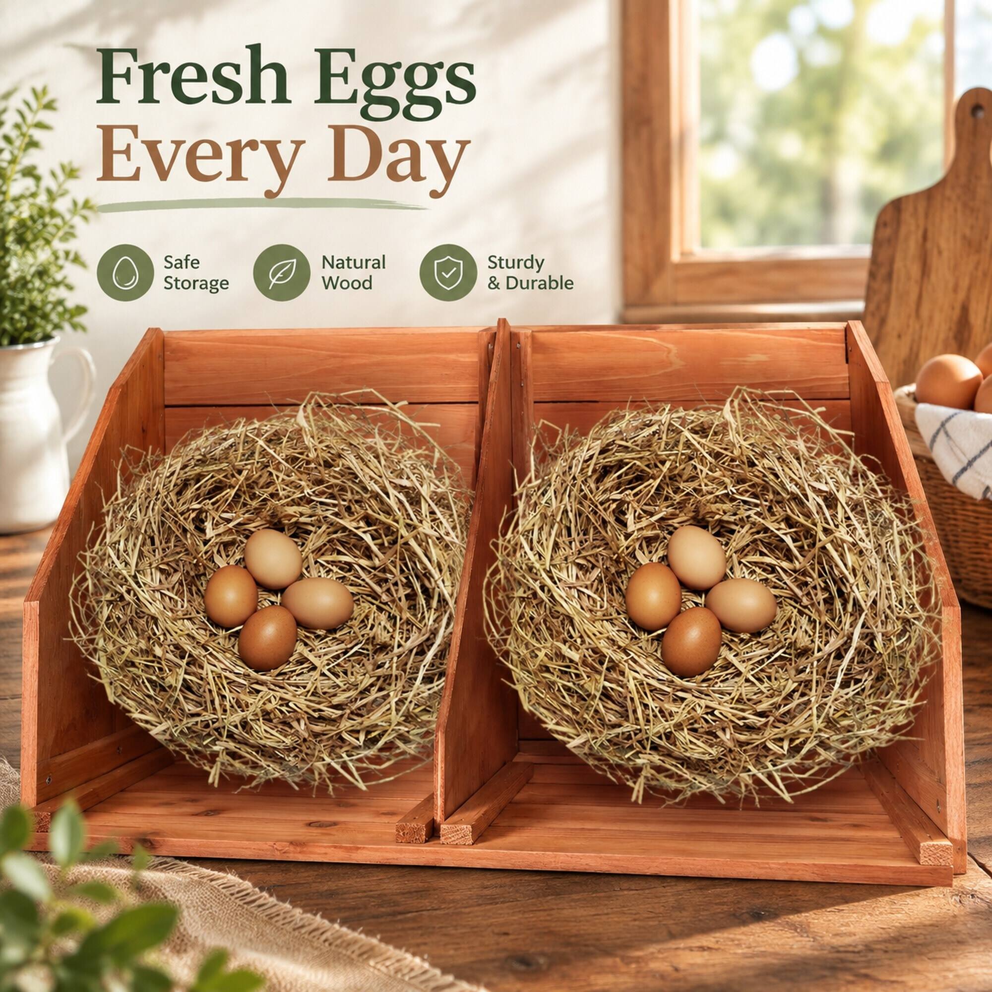 Fresh Eggs Every Day  
Safe Storage  
Natural Wood  
Sturdy & Durable
