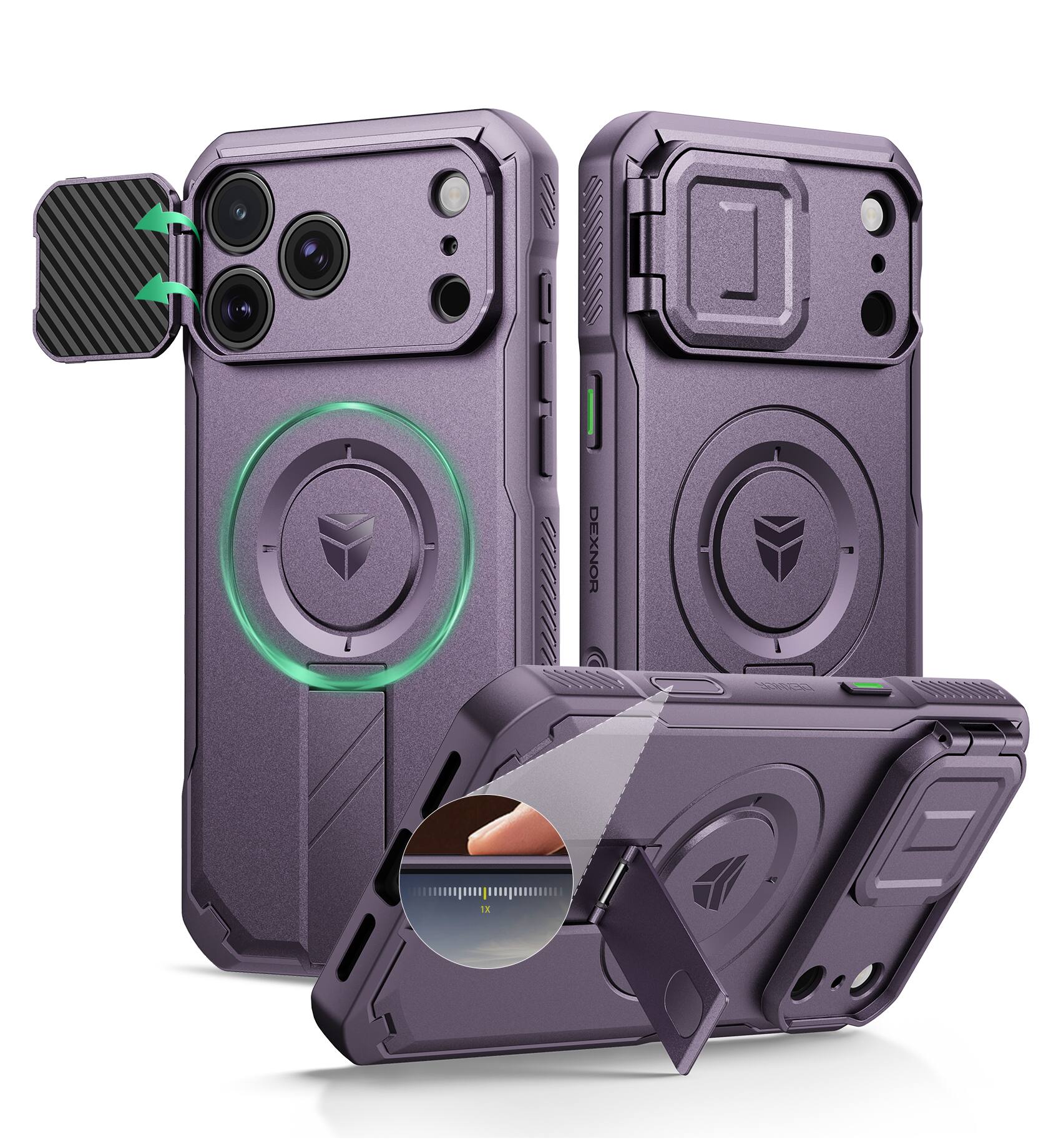Angle. Dexnor - Rugged Case for iPhone 17 Pro Max/18 Pro Max with Camera Cover & Camera Control Button Protector,Compatible with MagSafe - Phantom Purple.