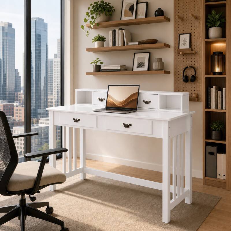 Angle. WELLFOR - 47.5 " Modern Writing Desk with 4 Drawer, Home Office Gorgeous Computer Desk, Wood Study Table - White.