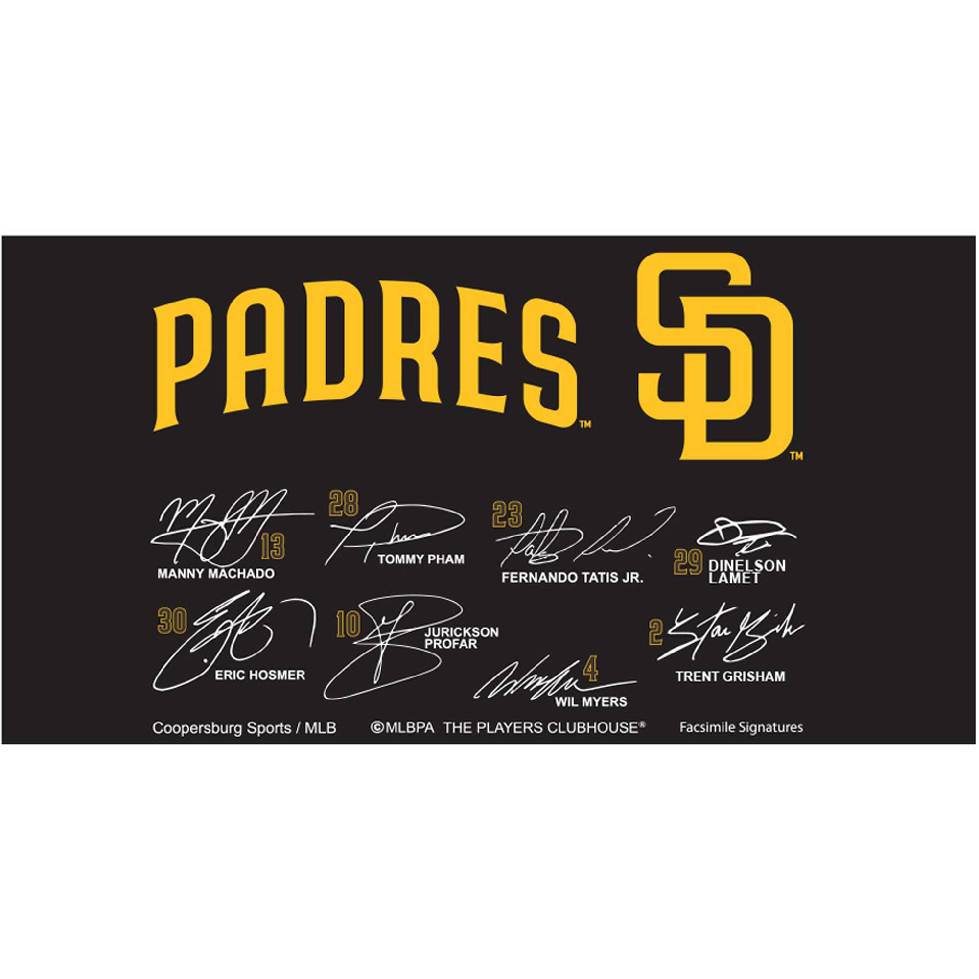 PADRES  
28 MANNY MACHADO  
23 TOMMY PHAM  
29 FERNANDO TATIS JR.  
30 ERIC HOSMER  
10 JURICKSON PROFAR  
2 TRENT GRISHAM  
4 WIL MYERS  

Coopersburg Sports / MLB  
@MLBPA THE PLAYERS CLUBHOUSE*  
Facsimile Signatures