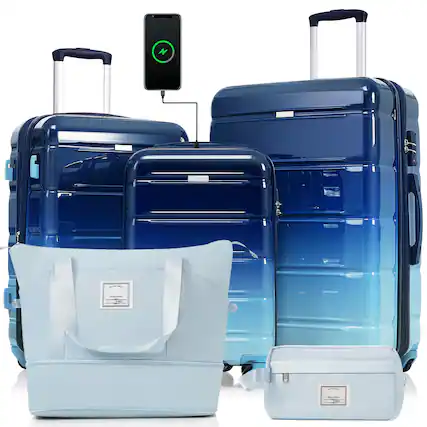Front. Ecooso - 5-Piece ABS+PC Hard Shell Luggage Set with USB Port, Spinner Wheels, Side Hooks, and Weekender Travel Bag - Navy.