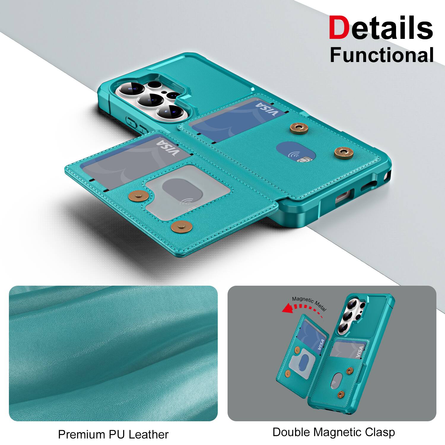 Details Functional

- Premium PU Leather
- Double Magnetic Clasp
- Magnetic Metal
- VISA
- VISA 2