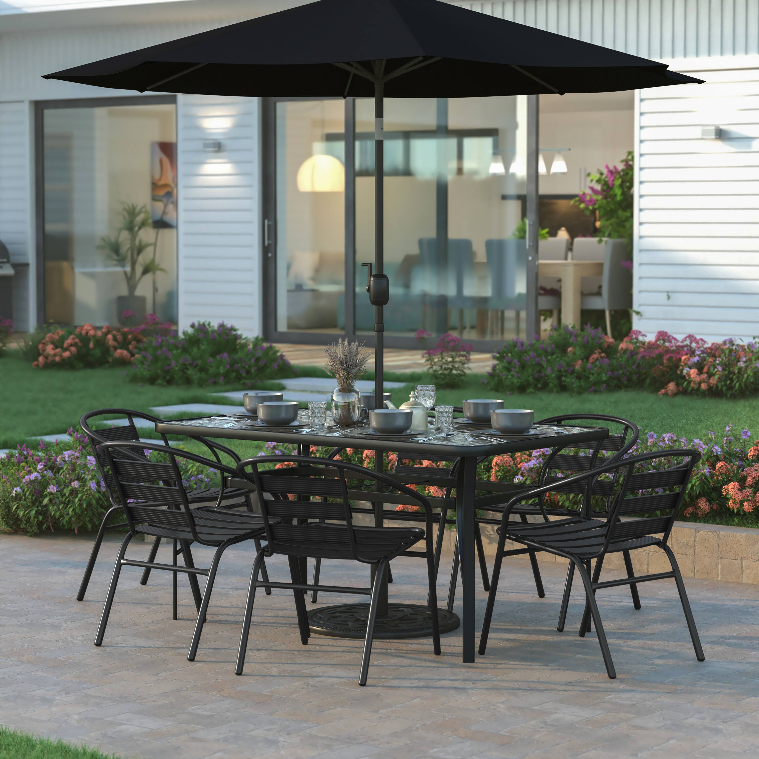 Alt View 1. Emma + Oliver - Rhea 7-Piece Patio Dining Table and Chairs Set with Tempered Glass Top Table, 6 Stack Triple Slat Chairs - Black.