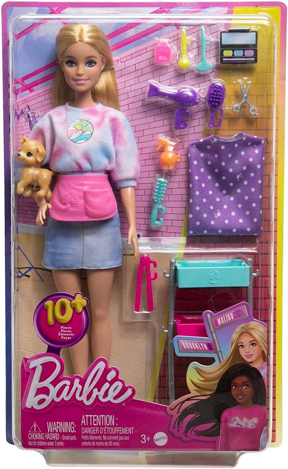 Sure, here is the corrected and grouped text from the image:

---

**Barbie**

**10+ Pieces / Piezas / Éléments / Peças**

**ATTENTION: DANGER D'ÉTOUFFEMENT - CHOKING HAZARD - Small parts: Ne convient pas aux enfants de moins de 36 mois**

**WARNING: CHOKING HAZARD - Small parts. Not for children under 3 years.**

**3+**

**MATTEL**

**MALIBU BROOKLYN**

---
