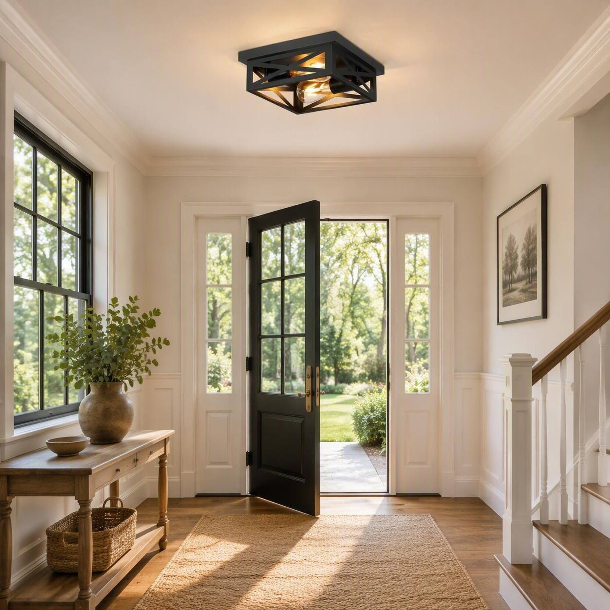 Left. RYHNUYNE - 2-Pack Matte Black Square Flush Mount Ceiling Light with Industrial Cage Design, 2 E26 Bulbs, Damp-Rated Iron Fixture.