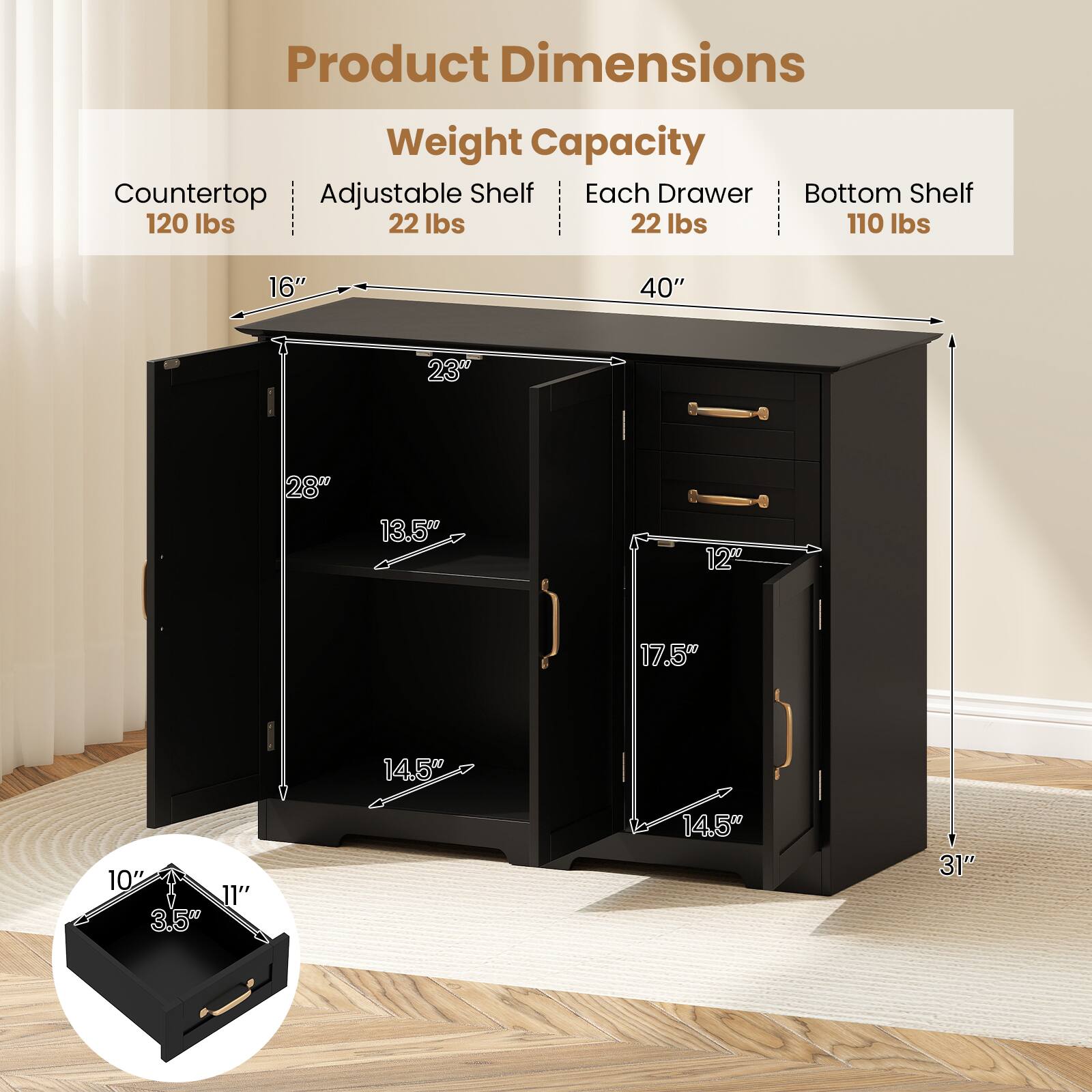 Product Dimensions  
Weight Capacity  
Countertop: 120 lbs  
Adjustable Shelf: 22 lbs  
Each Drawer: 22 lbs  
Bottom Shelf: 110 lbs  

Dimensions:  
- Width: 40"  
- Depth: 16"  
- Height: 31"  
- Drawer: 14.5" (H) x 13.5" (W) x 10" (D)  
- Shelf: 14.5" (H) x 23" (W) x 17.5" (D)
