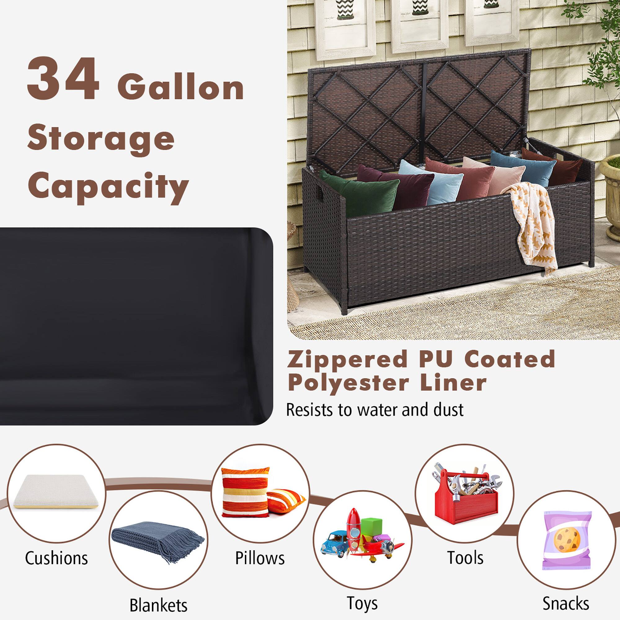 34 Gallon Storage Capacity  
Zippered PU Coated Polyester Liner  
Resists to water and dust  

Cushions  
Pillows  
Blankets  
Tools  
Toys  
Snacks