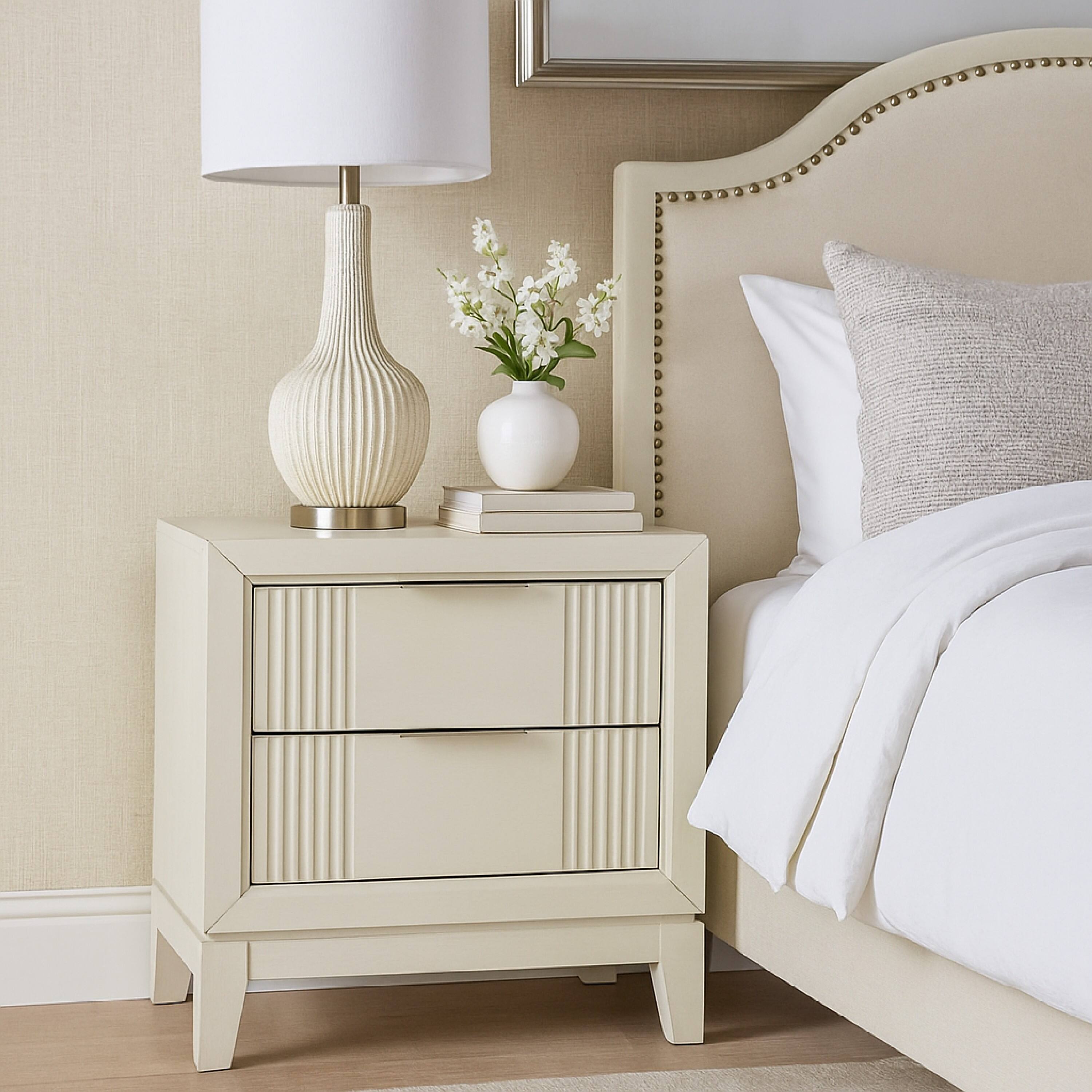Alt View 5. Manhattan Lane - Toi Nightstand, 2 Drawers, Antique White Finished Solid Wood, 27 Inch - White, Chrome.