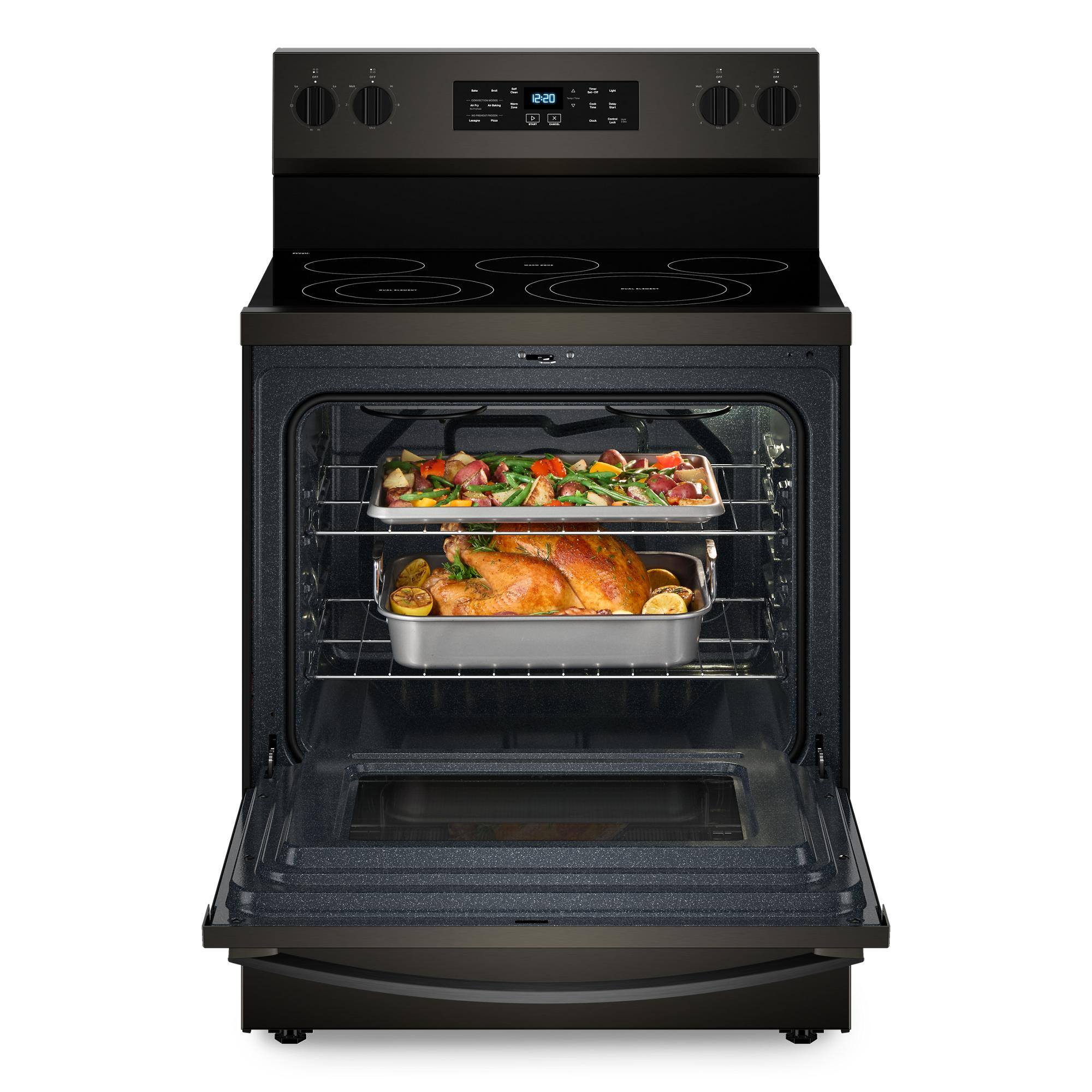 Left. Whirlpool - 5.3 Cu. Ft. Freestanding Electric Convection Range with No Preheat Air Fry and Air Baking - Black Stainless.