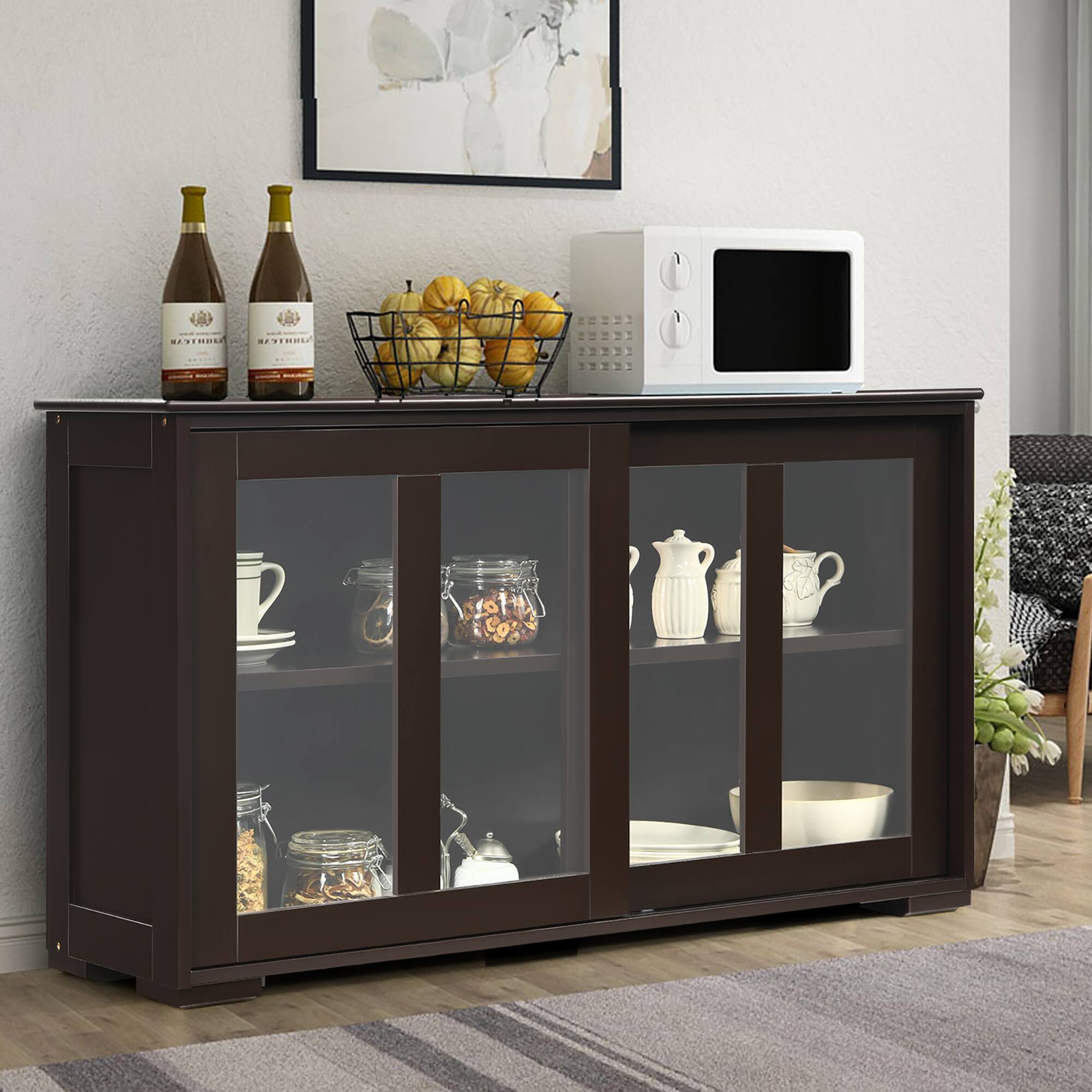 Alt View 4. Costway - Kitchen Storage Cabinet Sideboard Buffet Cupboard w/ Sliding Door - Brown.