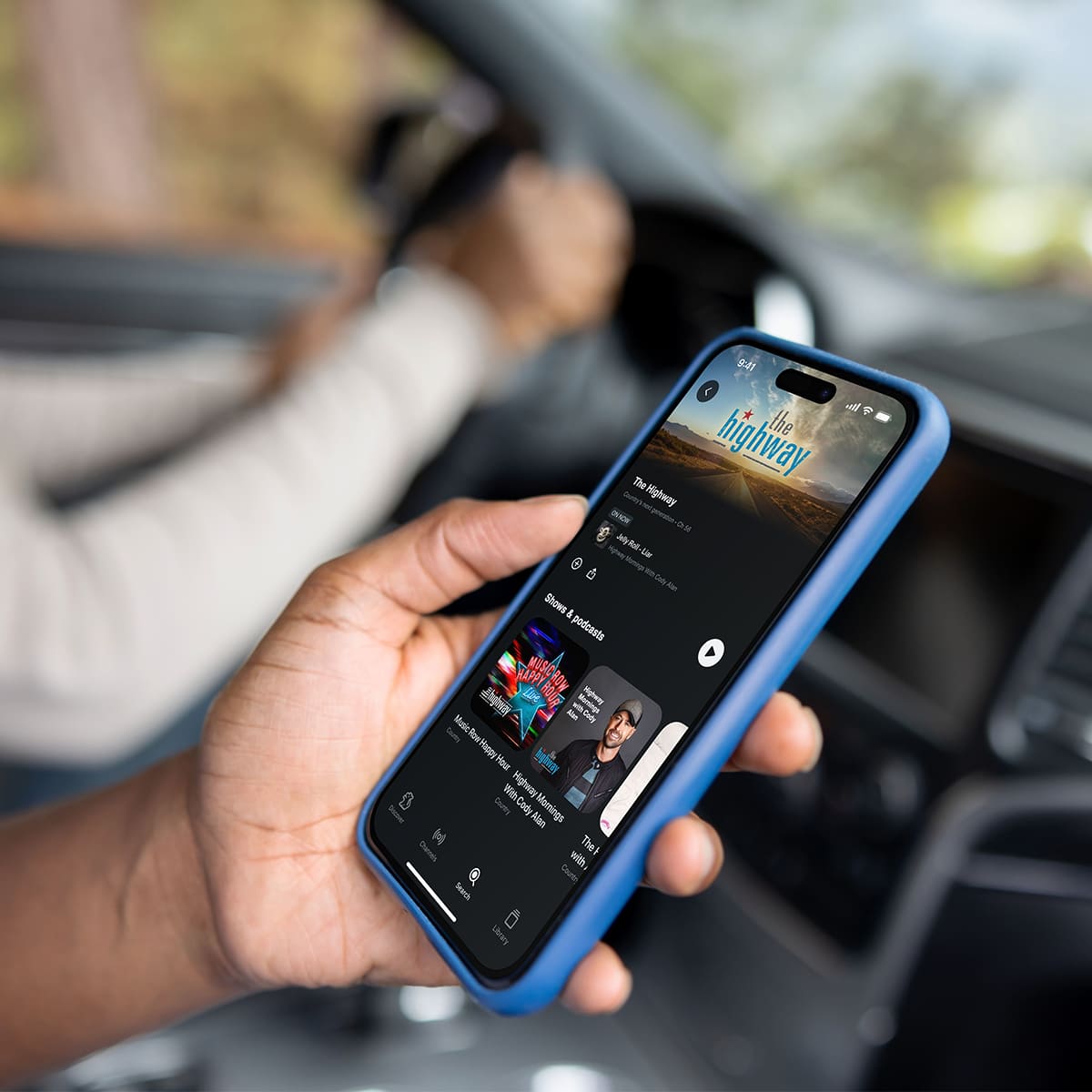 The text on the image reads: "All the Highway Driving - Highway B a ha a M s Lte M - Se - Shows & podcasts T MUSIC ROW n Momings Mhc - - Cals Music Souty nncRoppu Row Hap Vour bt Hihway 0 Banc WithCodyAia Cody Marnings Mlan H Thei Clames 1 th, Searis Lkerant."