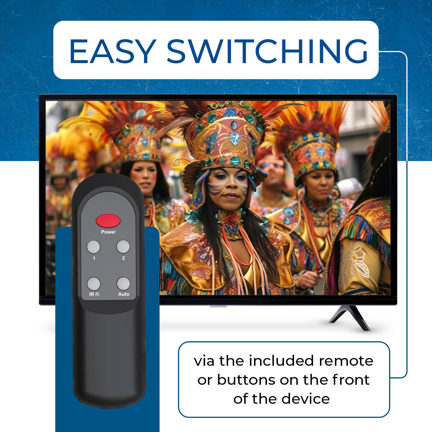 EASY SWITCHING via the included remote or buttons on the front of the device Power 1 2 IR Auto
