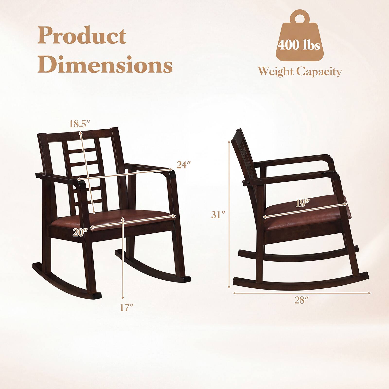 Product Dimensions: 400 lbs Weight Capacity  
18.5" x 24" x 31" x 19" x 20" x 17" x 28"