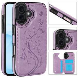 Dteck - For Apple iPhone 16 Wallet Case Flower Embossed Pattern PU Leather Card Slots Flip Kickstand Shockproof Cover - Purple