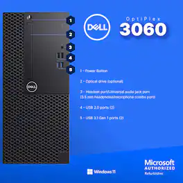 Dell - Refurbished Excellent - Optiplex 3060 Tower Computer-Intel i5-NVIDIAGeForceGT 1030-32GB -250GB NVMe+1TB SSD-24"LCD-Sndbr-Headst--Win 11 Pro - Black