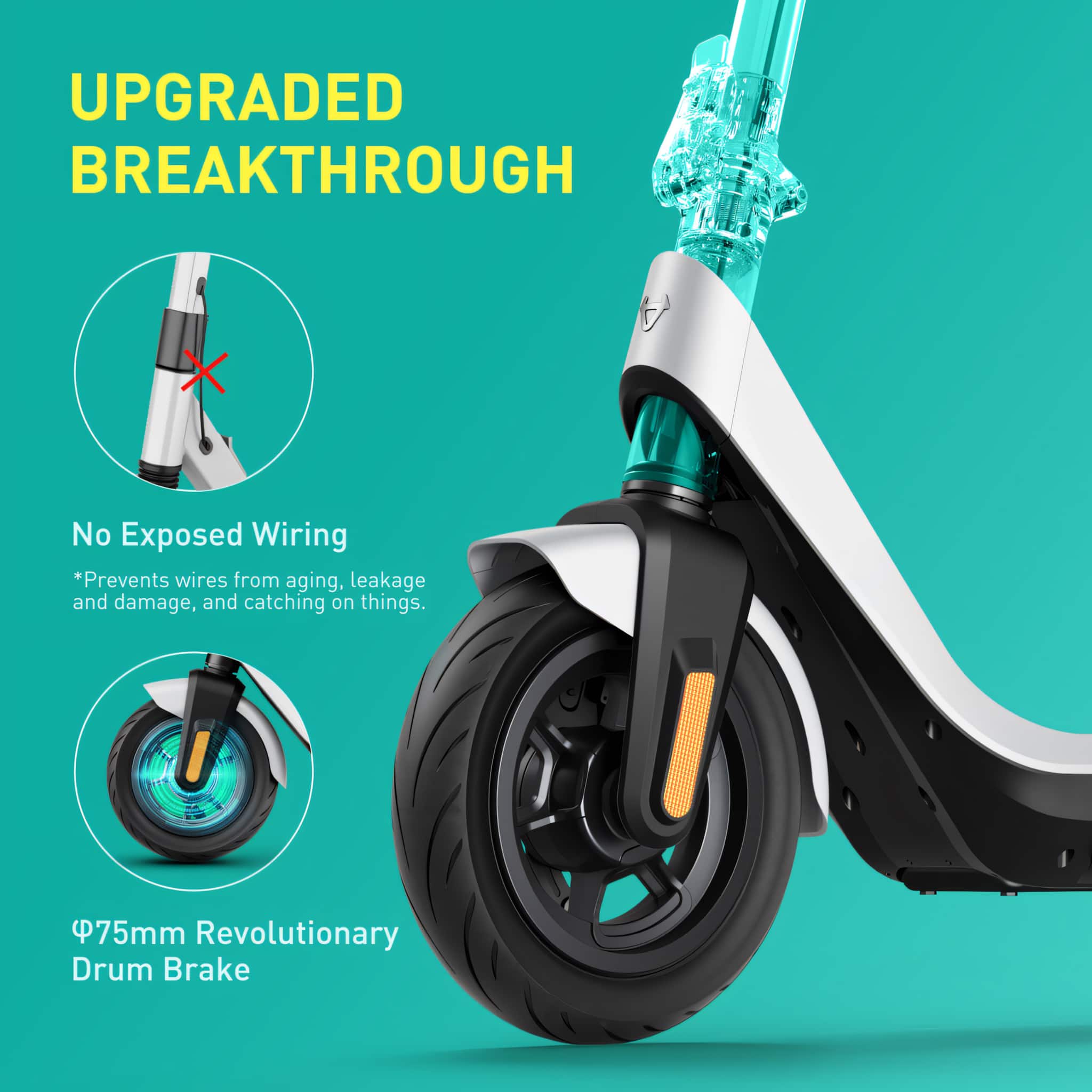UPGRADED BREAKTHROUGH: No Exposed Wiring *Prevents wires from aging, leakage and damage, and catching on things. 75mm Revolutionary Drum Brake