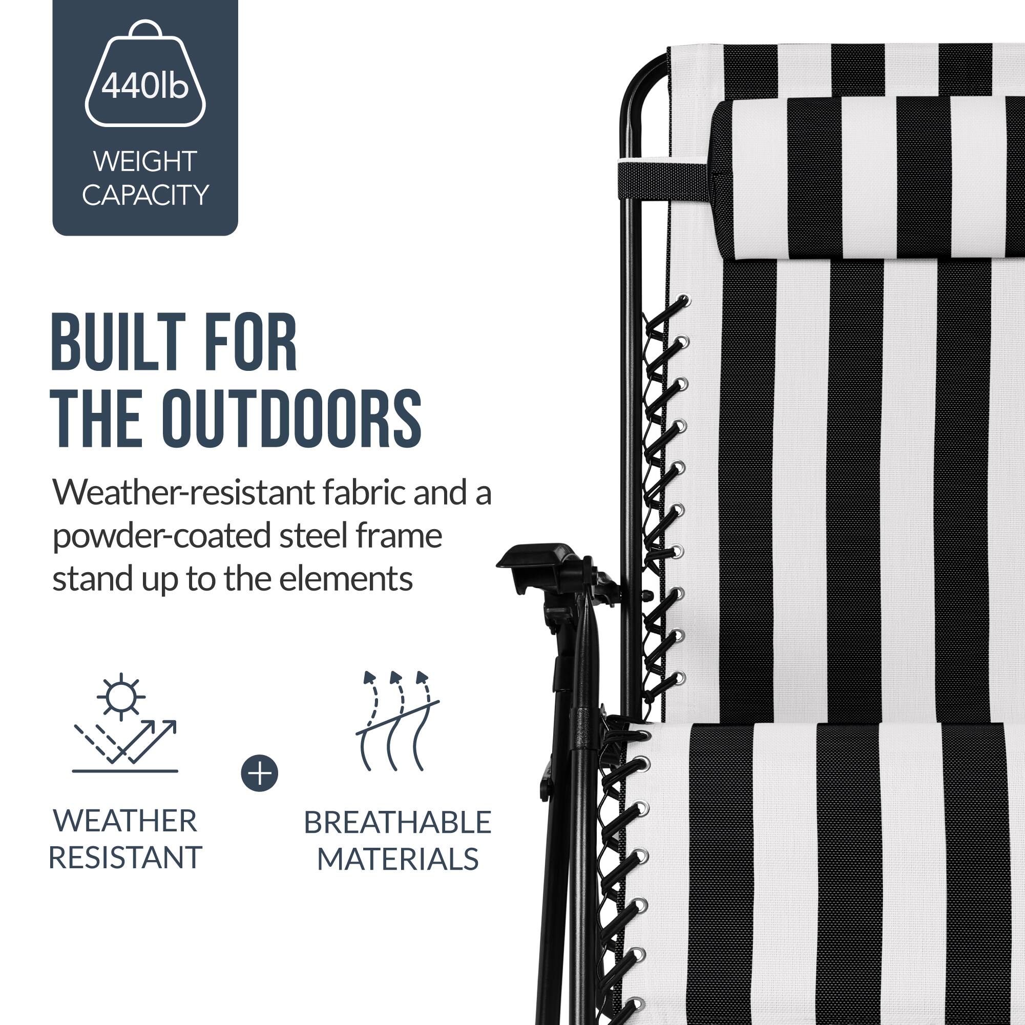 440lb WEIGHT CAPACITY BUILT FOR THE OUTDOORS  
Weather-resistant fabric and a powder-coated steel frame stand up to the elements  
+ WEATHER RESISTANT MATERIALS