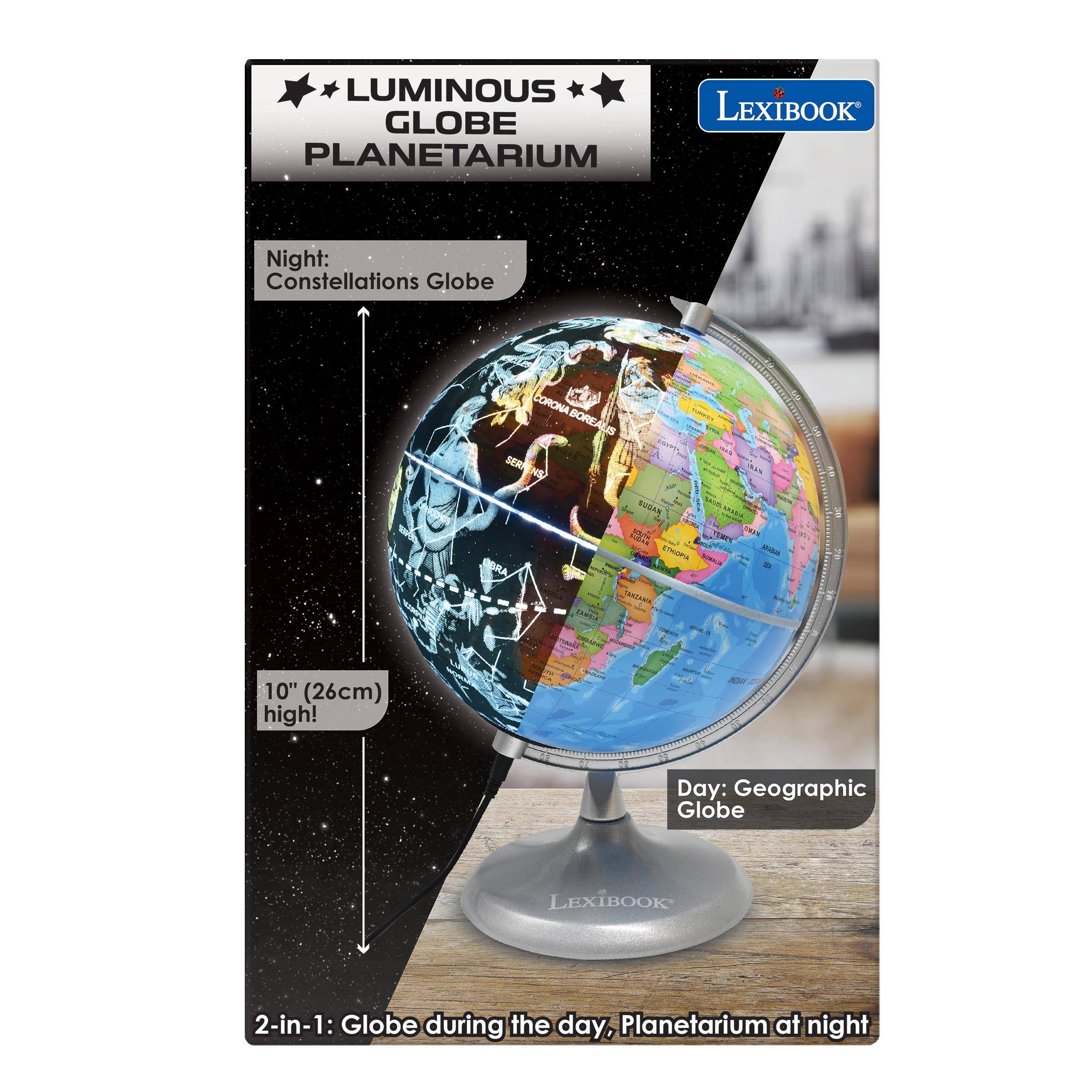LUMINOUS LEXIBOOK GLOBE PLANETARIUM

Night: Constellations Globe

Day: Geographic Globe

10" (26cm) high!

2-in-1: Globe during the day, Planetarium at night