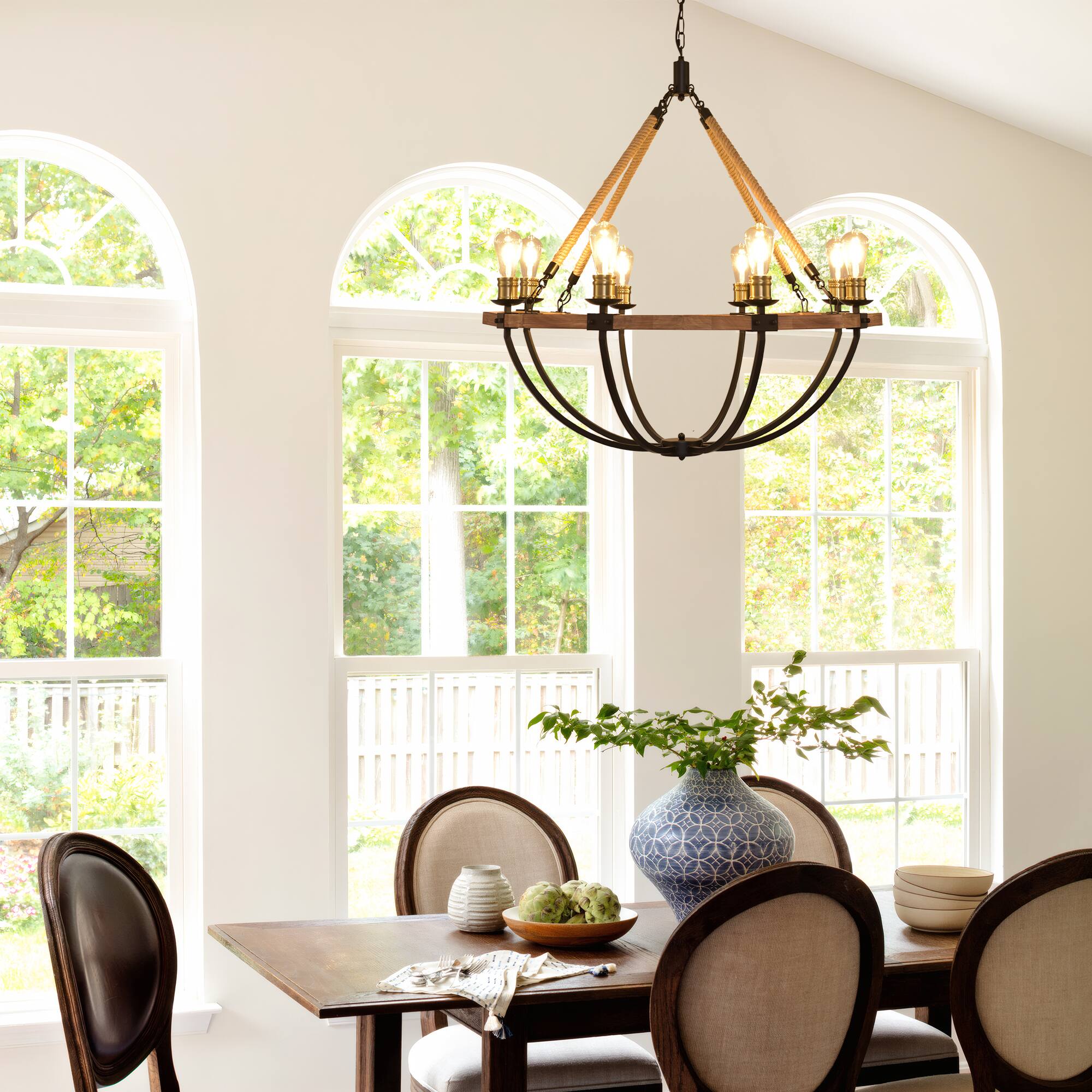 Angle. RYHNUYNE - 8-Light Farmhouse Chandelier Round Wood Pendant Light 38 Inch Adjustable Height Rustic Industrial Light Fixture - Brown.