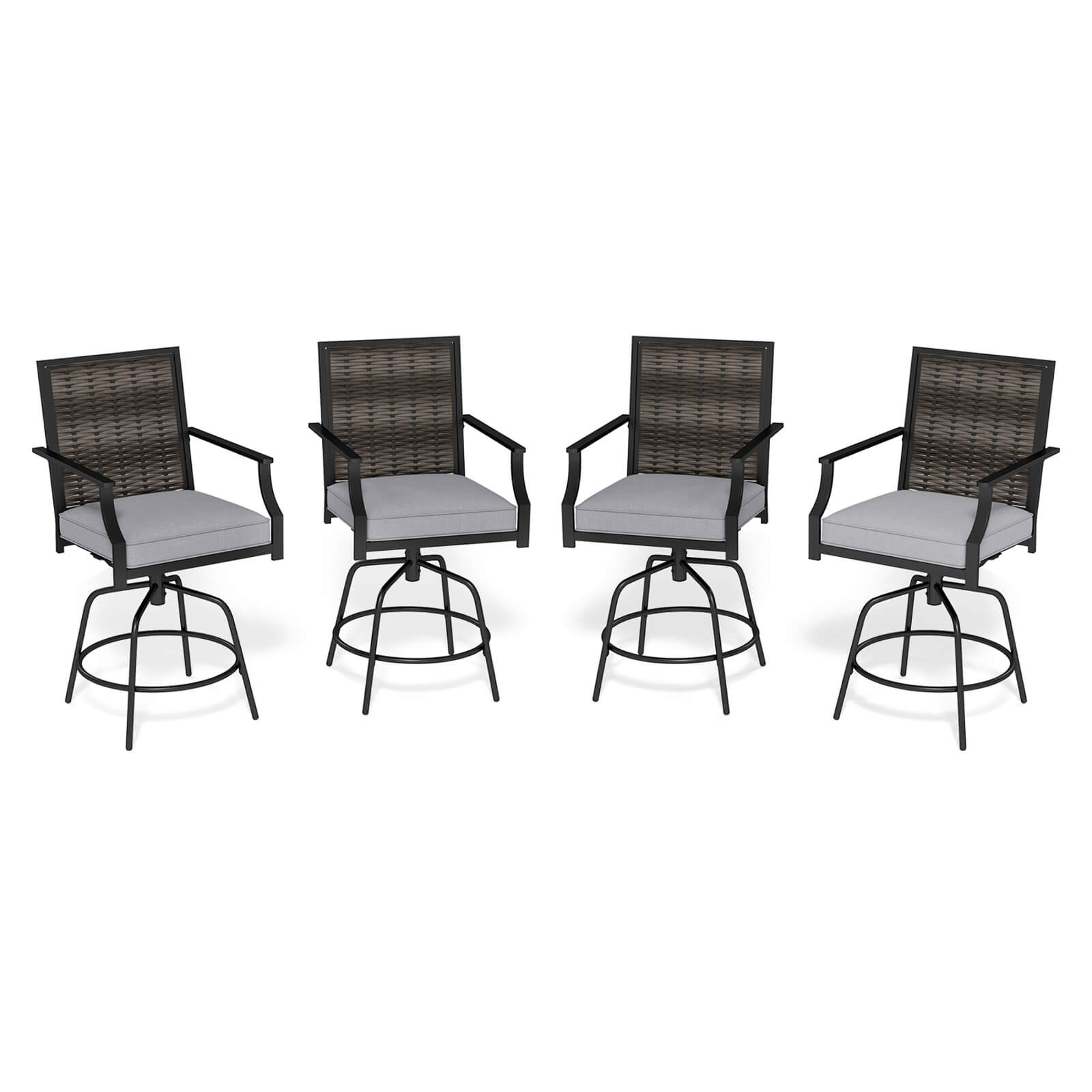 Costway - Outdoor PE Wicker Swivel Bar Stools Set of 4 with Back Armrests and Cushion - Gray