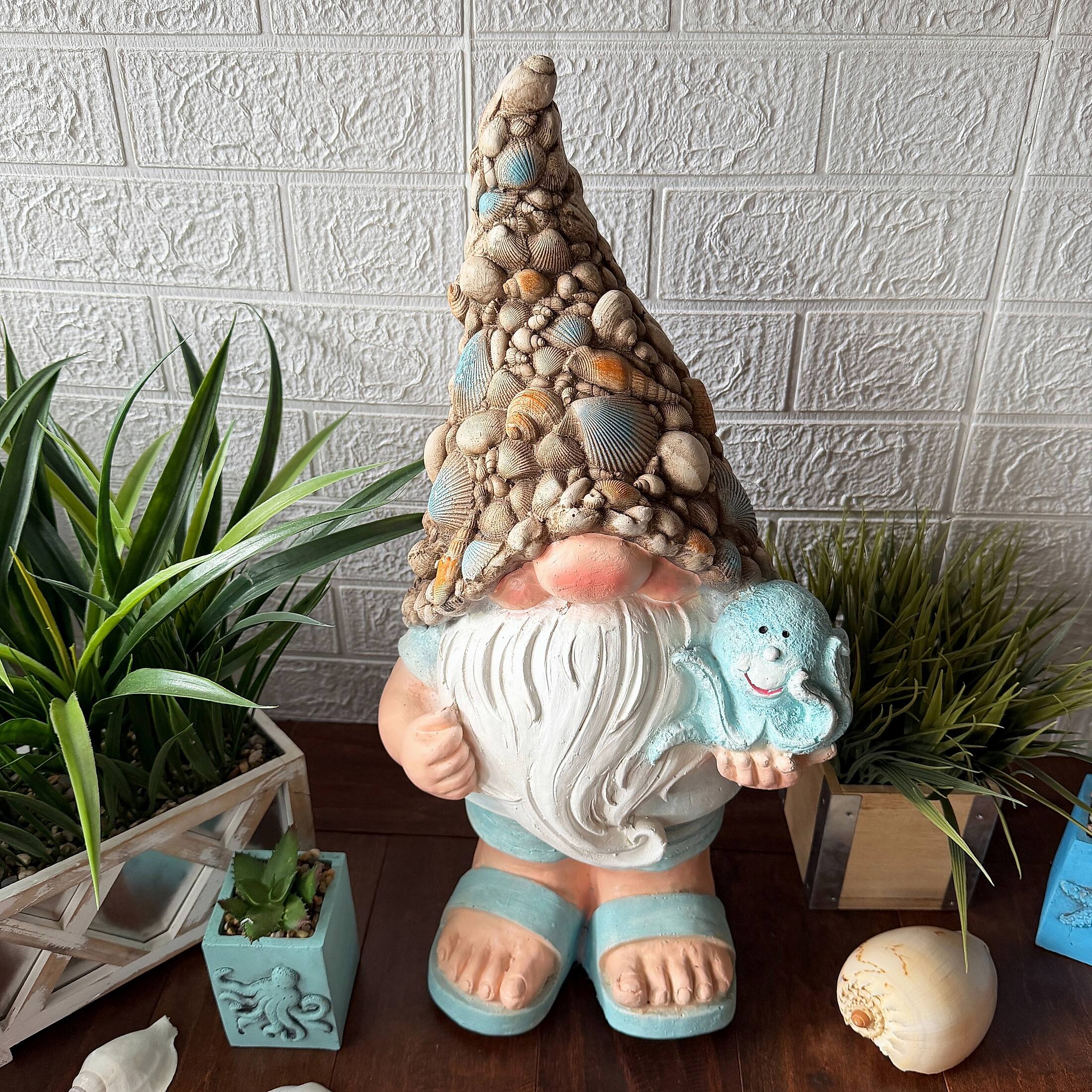 Alt View 3. Fancy That - Coastal Gnome Garden Statue with Octopus Shell Hat 22 Inch Magnesium Oxide Aqua - Aqua.