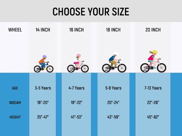 CHOOSE YOUR SIZE

WHEEL
14 INCH
16 INCH
18 INCH
20 INCH

AGE
3-5 Years
4-7 Years
5-9 Years
7-13 Years

INSEAM
16"-20"
18"-22"
20"-24"
22"-26"

HEIGHT
35"-47"
41"-53"
43"-59"
45"-62"