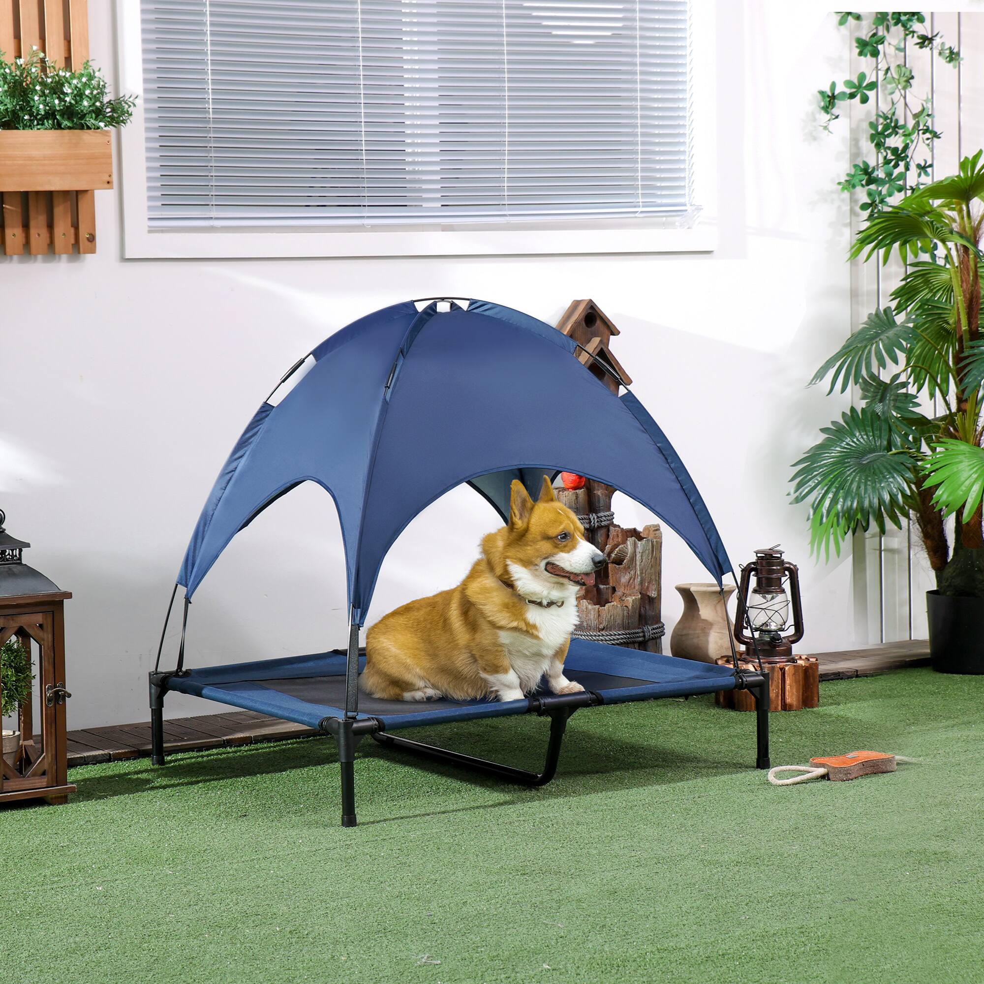 Alt View 1. Pawhut - Portable Dog Cot Pet Bed with UV Protection Canopy Shade, 36 inch - Blue.