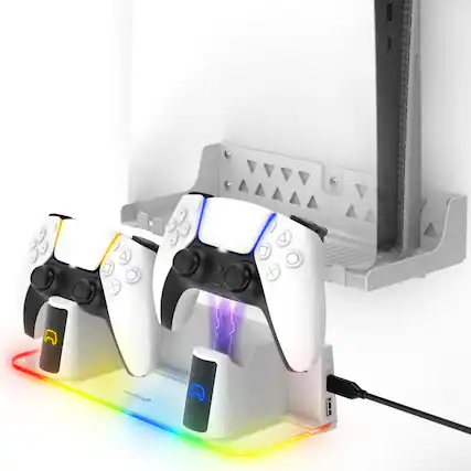 Front. Fosmon - For PS5 Wall Mount Controller Charger Station, PS5 Wall mount Kit RGB Charging Station For Playstation 5 PS5 Pro Slim - White.