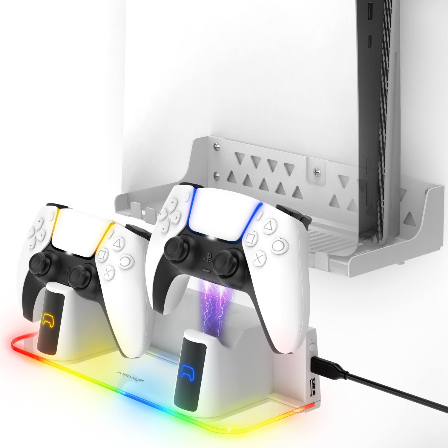 Fosmon - For PS5 Wall Mount Controller Charger Station, PS5 Wall mount Kit RGB Charging Station For Playstation 5 PS5 Pro Slim - White