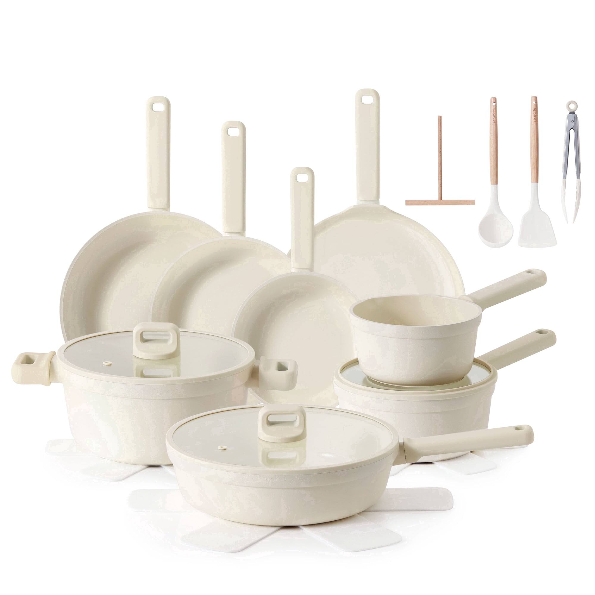 Front. SENSARTE - 24-Pcs Nonstick Pots and Pans Set, Healthy Non Stick Cookware with Stay-Cool Handle/Induction Compatible/Dishwasher Safe - White.