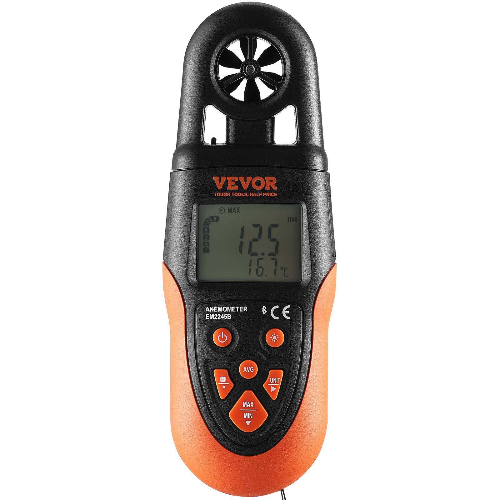 VEVOR TOUGH TOOLS HALF PRICE  
ANEMOMETER EM2245B  
12.5 m/s  
16.7°C  
MAX  
AVG  
MIN  
CE