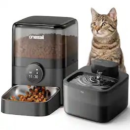 Oneisall - Pet Feeding Combo: 3L Automatic Cat Feeder+2.2L Wireless Cat Water Fountain 3 Piece Easy Clean - Black