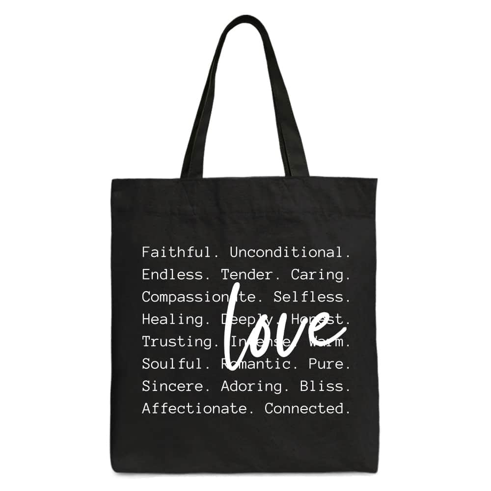 OrnamentallyYou - Love Definition Words Canvas Tote Bag, Minimalist Valentine Inspirational Love Gift Shopper - Black