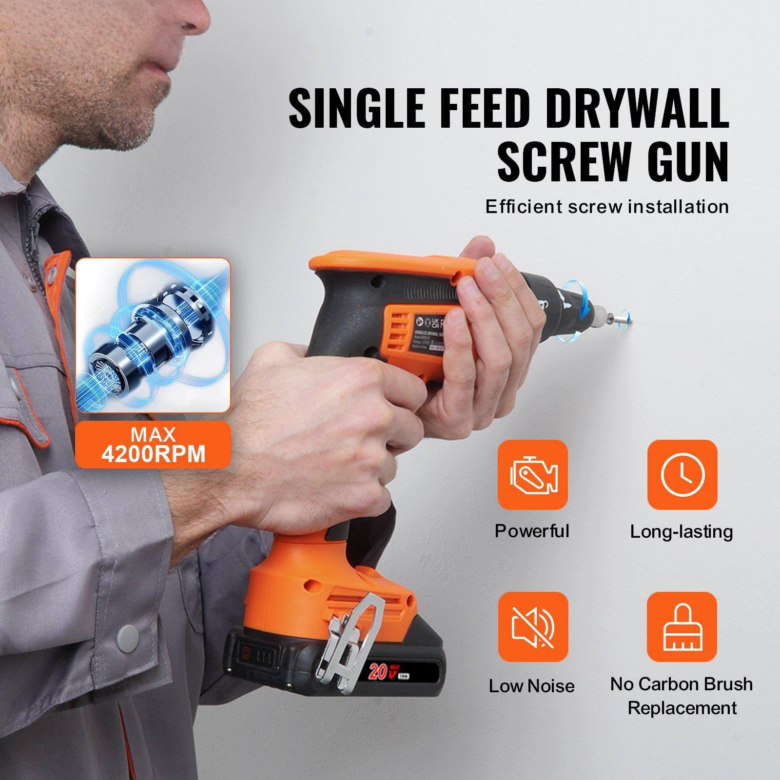 SINGLE FEED DRYWALL SCREW GUN  
Efficient screw installation  

MAX 4200RPM  

Powerful  
Long-lasting  
Low Noise  
No Carbon Brush Replacement