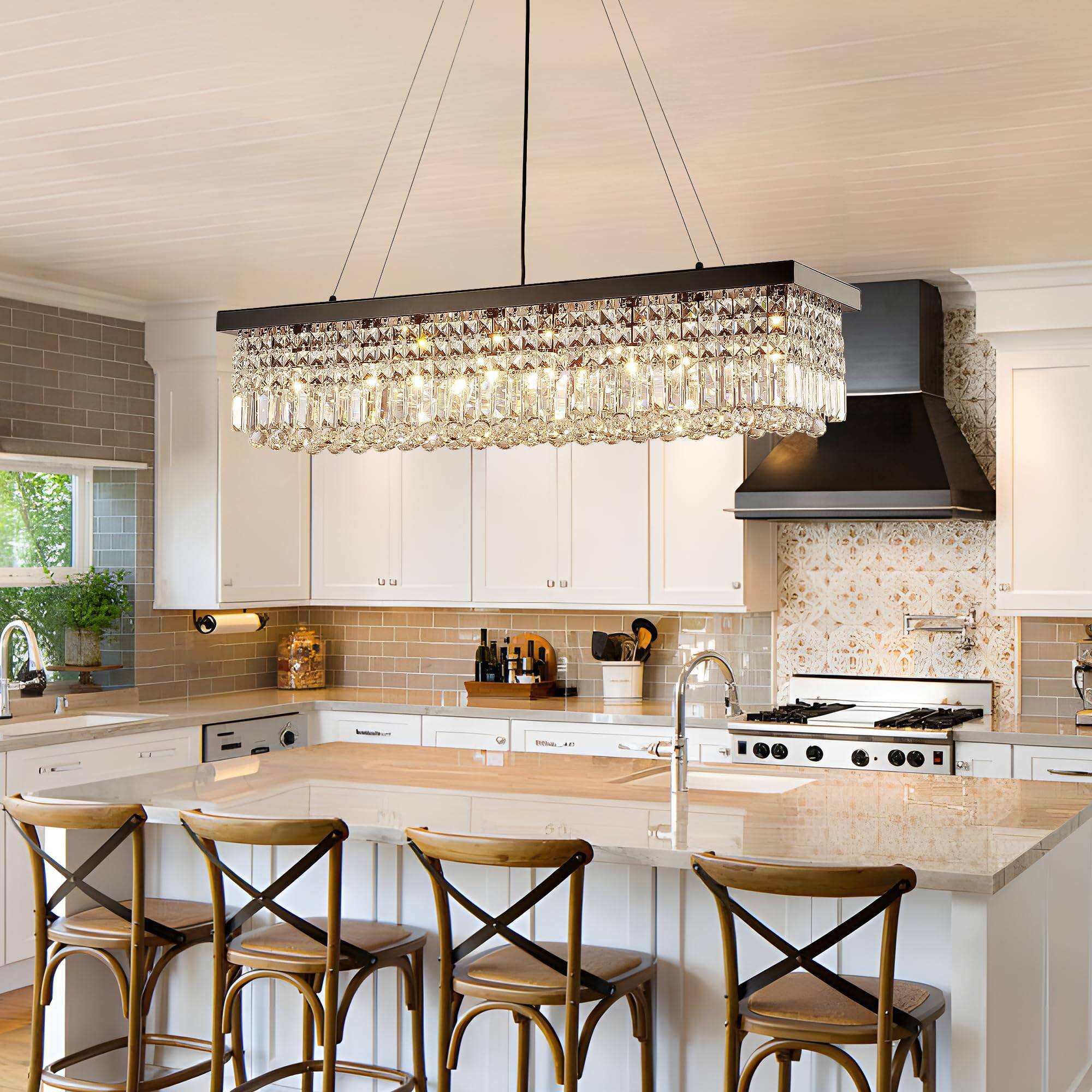 Alt View 1. Siljoy - 39.4" 8-Light Black Rectangular K9 Crystal Pendant, Adjustable Kitchen Island Chandelier for Dining Entryway - Black.