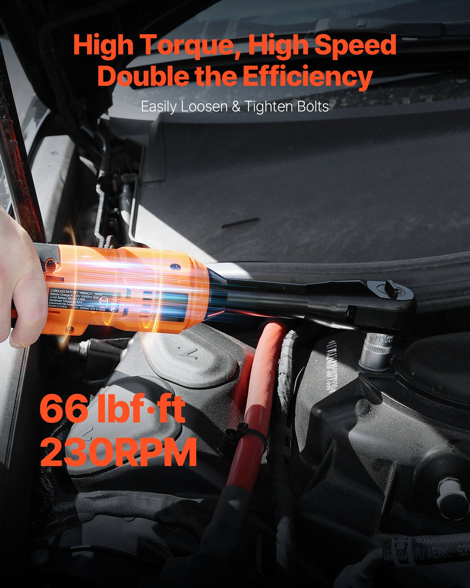 High Torque, High Speed  
Double the Efficiency  
Easily Loosen & Tighten Bolts  

66 lbf·ft  
230RPM