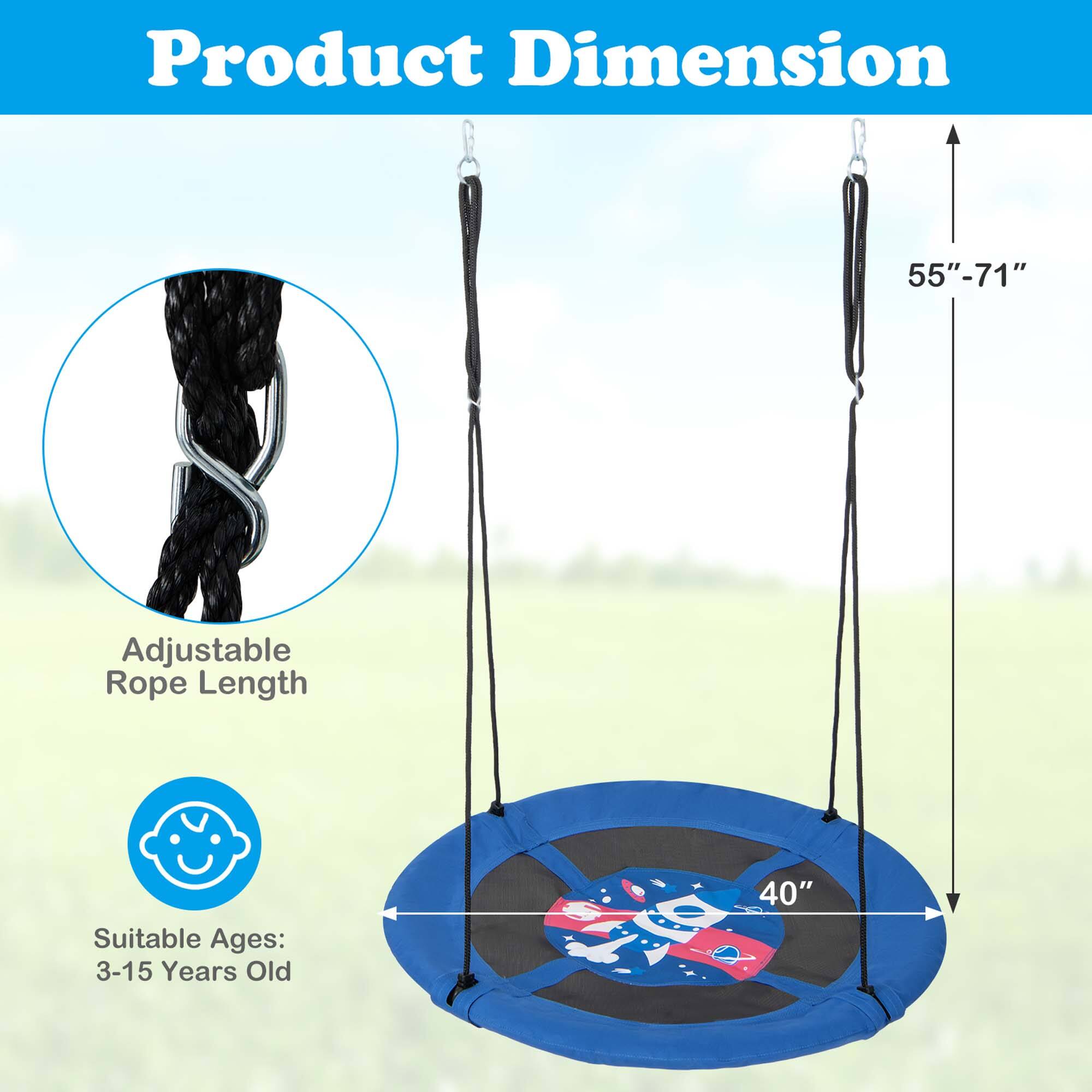 Product Dimension

Adjustable Rope Length

Suitable Ages: 3-15 Years Old

40" Diameter

55"-71" Adjustable Rope Length