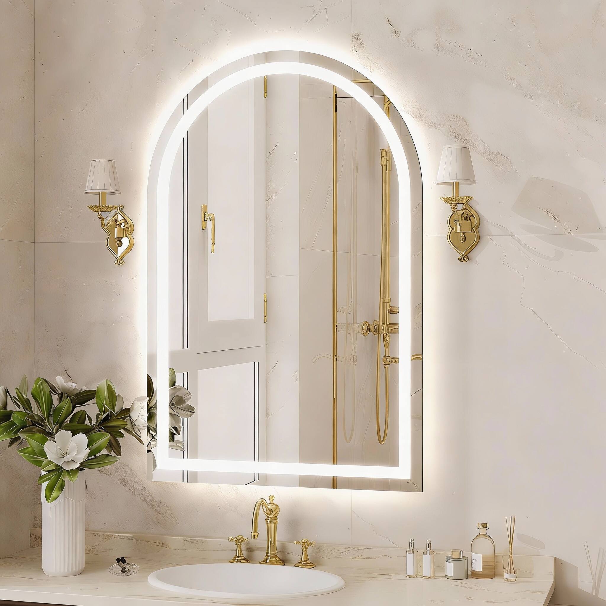 Left. METALTON - Arched Led Bathroom Mirror Arch Wall Mounted Frameless For Vanity Smart Lighted Frontlit Mirrors With Memor - Vertical 36"L x 24"W.