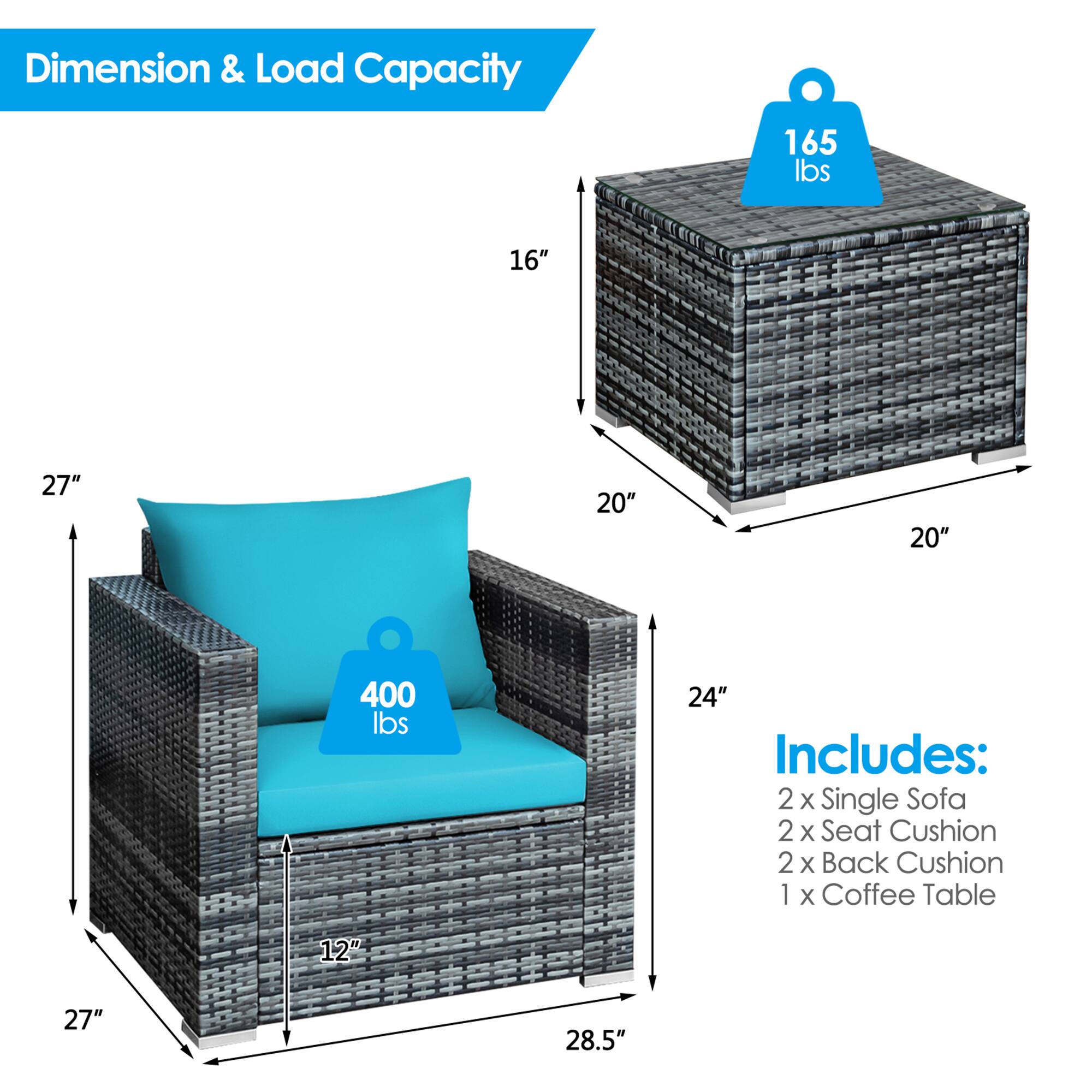 Dimension & Load Capacity: 165 lbs, 16", 27", 20", 400 lbs, 24"

Includes: 2 x Single Sofa, 2 x Seat Cushion, 2 x Back Cushion, 1 x Coffee Table

12", 27", 28.5"