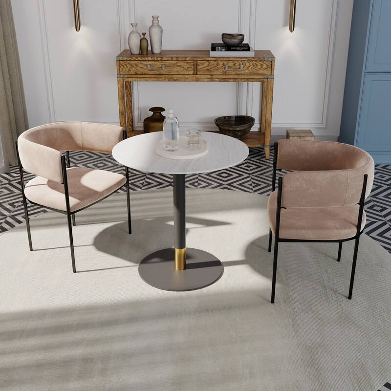 Left. LeisureMod - Vail 27 Inch Round Dining Table with MDF Top and Black/Gold Base, Modern Small Kitchen Bistro Accent Table - Light Wood Brown.