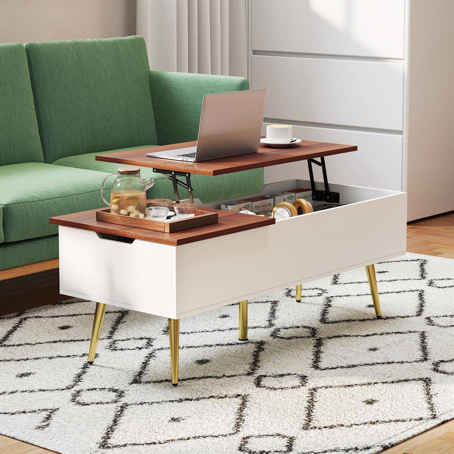 Alt View 1. Pefilos - 47 Inch Lift Top Coffee Table, 2 Hidden Compartments Solid Wood Legs - Brown.