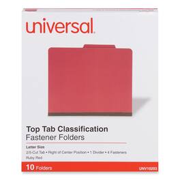 Universal - Bright Colored Pressboard Classification Folders, 2" Expansion, 1 Divider, 4 Fasteners, Letter Size, Ruby Red, 10/Box