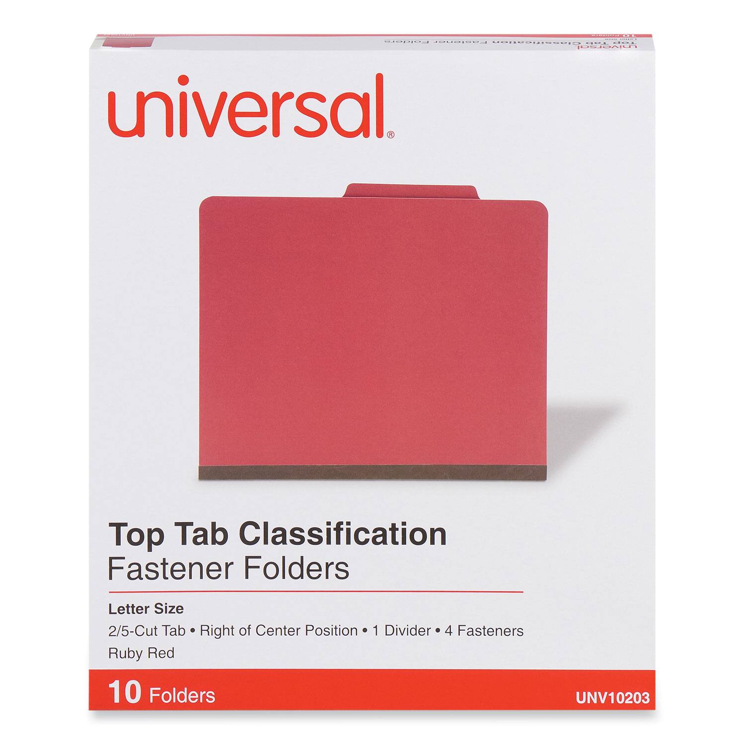Universal  
Top Tab Classification Fastener Folders  
Letter Size  
2/5-Cut Tab • Right of Center Position • 1 Divider • 4 Fasteners  
Ruby Red  
10 Folders  
UNV10203