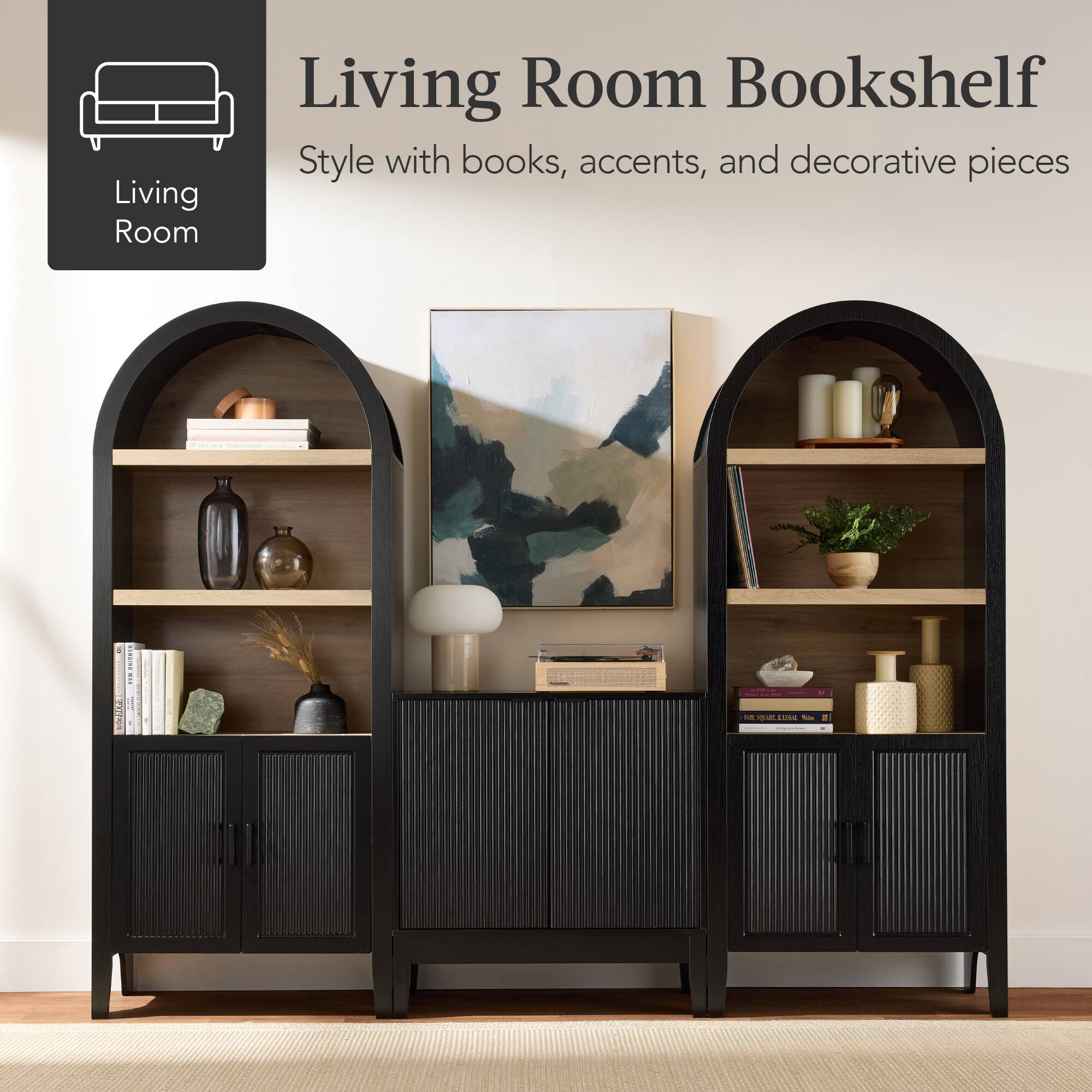 Living Room Bookshelf  
Style with books, accents, and decorative pieces