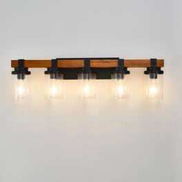 Boyel Living - 5 Light Matte Black Wood Wall Lamps with Glass Lamp Shades No Bulbs for Bathroom Kitchen Dining Room