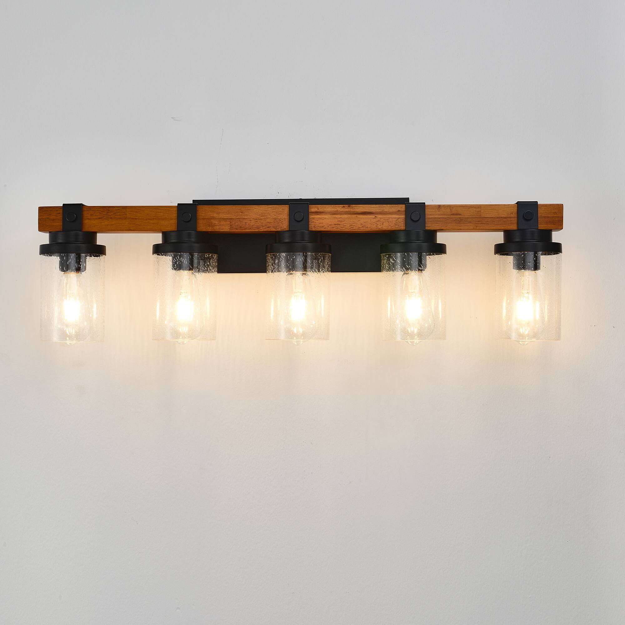 Angle. TinyHomie - 5 Light Matte Black Wood Wall Lamps with Glass Lamp Shades No Bulbs For Bathroom Kitchen Dinning Room.