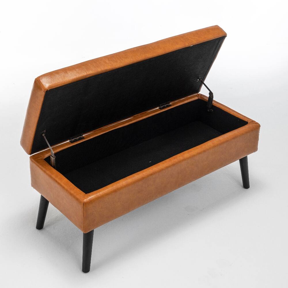 Alt View 4. Ropilly - Ropilly 43.3 Inch Brown Leather Storage Bench End of Bed Ottoman Entryway Bench with Wood Legs - Brown.