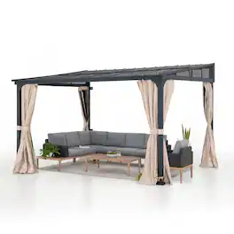 SUNJOY - 10x12ft Wall Mounted Lean-to Gazebo Steel Roof & Black Aluminum Frame. Includes curtains and netting - 10*12 Metal Roof